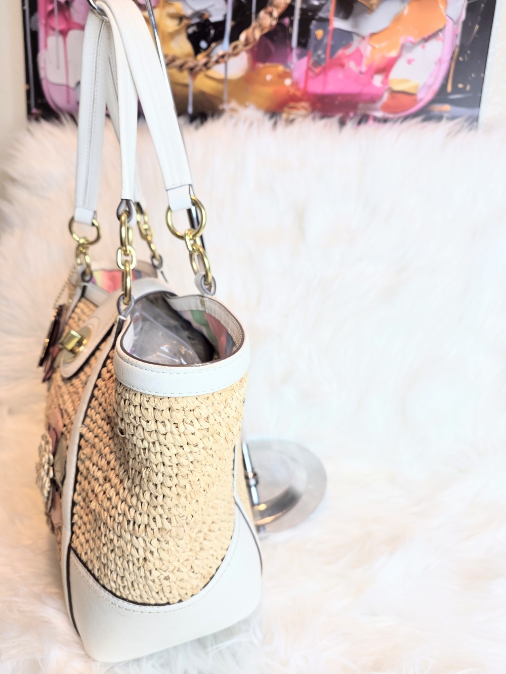 Coach Hamptons LE 2pcs Straw Flower Tote & Wristlet Set Coral Appliqué Floral - Picture 9 of 15
